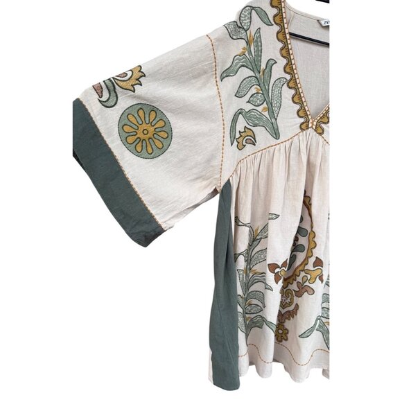 Zara Floral Embroidered Boho Tunic Dress With Bell Sleeves V-Neckline Medium - Picture 6 of 11